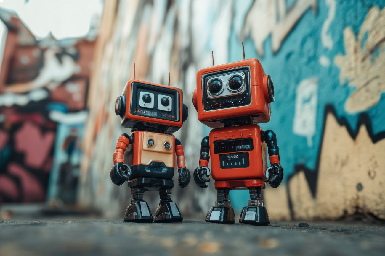 Two retro-style toy robots stand side by side on a street with colorful graffiti-covered walls, ready to spark some Instagram Story Views with their vibrant charm.